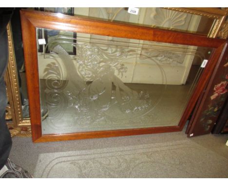 Rectangular maple framed wall mirror, the etched plate decorated with a stylised female portrait