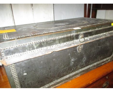 18th Century leather covered brass studded trunk with side carrying handles