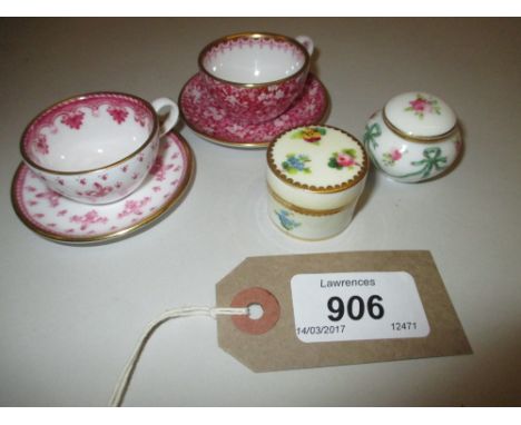 Coalport miniature pot and cover, similar Minton's pot and cover and two Spode miniature cups and saucers