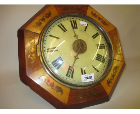19th Century rosewood satinwood and brass inlaid octagonal postman's alarm clock with Roman numerals and two train weight dri