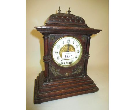 Small Continental oak mantel clock together with a circular aneroid barometer