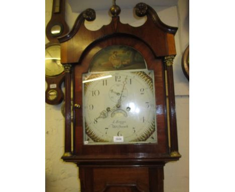 George III mahogany longcase clock, the broken arch hood with flanking Corinthian pilasters above a moulded panel door and co