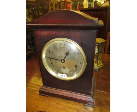Edwardian mahogany bracket clock, the circular silvered dial with Arabic numerals and three train movement