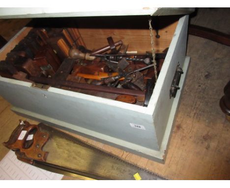 Light blue painted pine tool chest containing a large quantity of various woodworking planes and other tools together with th