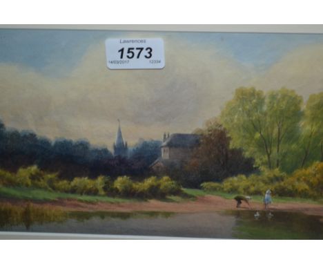 Late 19th Century English school watercolour, children playing with boats by a pond, unsigned, 6.5ins x 13.5ins, gilt framed
