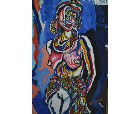 20th Century African school, mixed media, stylised portrait of a lady, signed Busuulwa, 15.5ins x 10.5ins, gilt framed