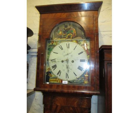 19th Century mahogany black line inlaid and crossbanded longcase clock, the rectangular broken arch hood above a rectangular 