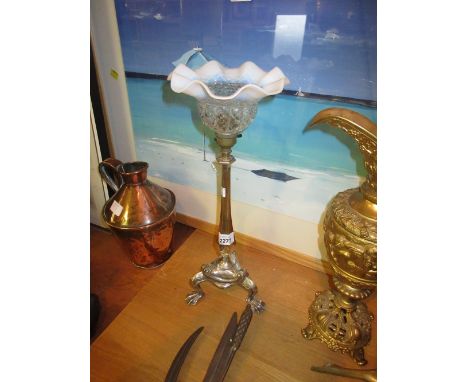 Early 20th Century silver plated table lamp on tripod base and opaline glass shade