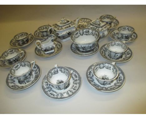19th Century black and white transfer printed dolls pottery tea service, inscribed ' Caledonia BG ' to the base