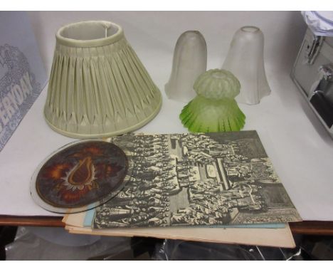 Laura Ashley lamp shade, 19th Century circular stained glass window panel, three glass lamp shades, House of Lords signed men
