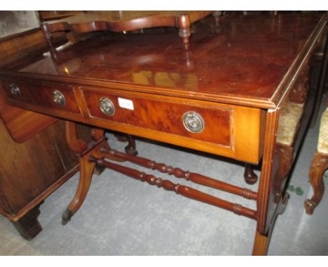 Reproduction yew wood drop-leaf sofa table having line inlaid top above two drawers, raised on lyre end supports with swept r