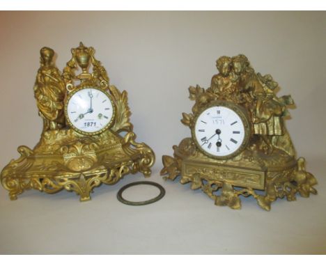 19th Century french gilded spelter two train figural mantel clock (a/f) together with another similar