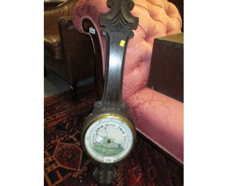 Oak cased aneroid barometer, the ceramic dial mounted with a print of a cathedral (minus thermometer)