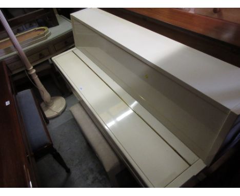Yamaha upright piano in a cream lacquer case together with a box seat piano stool