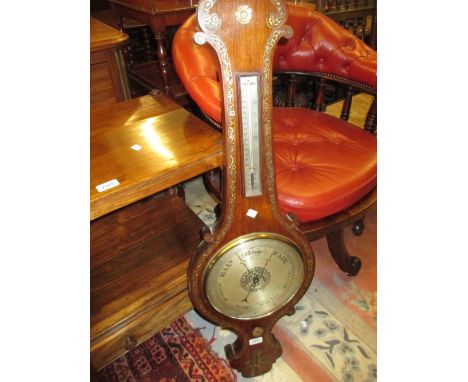 19th Century rosewood mother of pearl inlaid banjo shaped wheel barometer (damages)