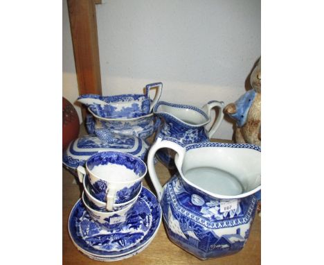 Two Wedgwood blue and white transfer printed octagonal jugs, a Spode blue and white transfer printed sauce tureen and cover, 