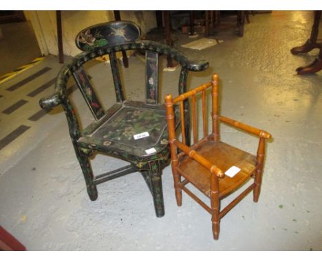 Chinese black lacquered and floral painted child's corner chair together with a 19th Century doll's stick back chair