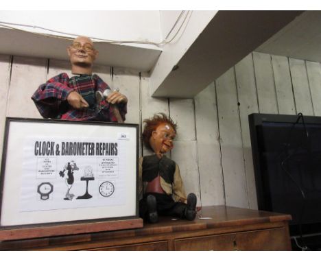 Electric shop window automaton in the form of a clock mender, together with a ventriloquist's dummy