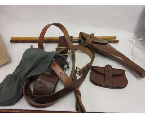 World War II Sam Brown leather belt with sash holster and ammunition pouch with two batons and a cloth sword case