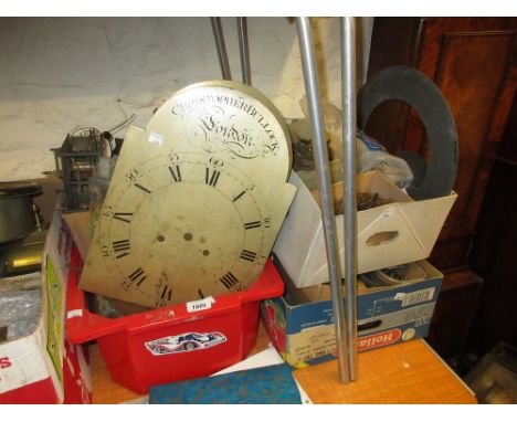 Large quantity of miscellaneous longcase clock parts including: dials, movements and other related accessories