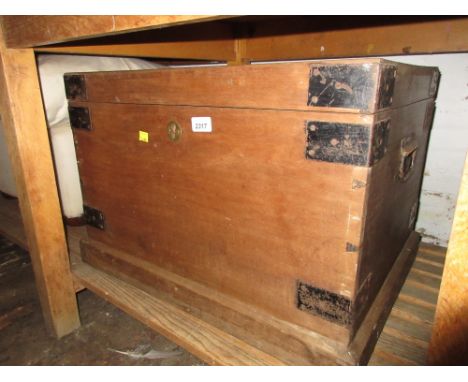19th Century pine and metal bound trunk with hinged cover and side carrying handles