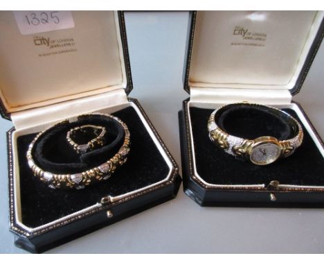 Ladies 18ct two colour gold diamond set wristwatch with diamond set face, together with a matching bangle and ring