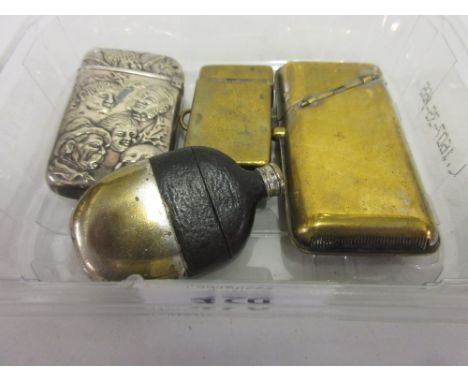 Four various match cases including a suitcase and hip flask