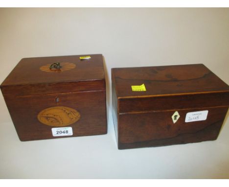 19th Century mahogany inlaid two division tea caddy and a 19th Century rosewood two division tea caddy
