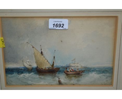 J. Chandelier, watercolour, various shipping off an island with building, gilt framed, signed, 6ins x 9ins