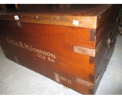 Late 19th or early 20th Century camphor wood copper, brass and iron mounted campaign trunk with hinged lid