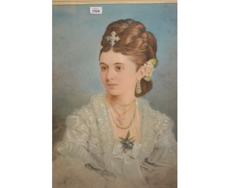 Large pastel head and shoulder portrait of a young lady in a white dress with pearl necklaces, unsigned (restored), 29ins x 2