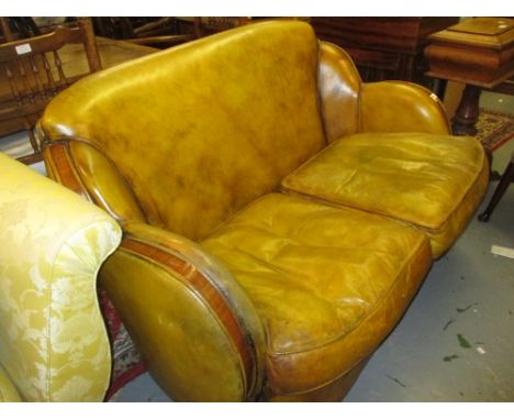 Art Deco walnut and green leather upholstered two seat sofa