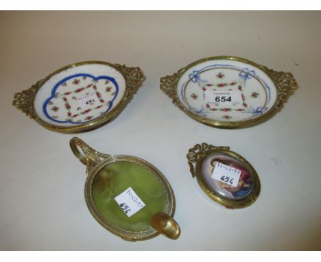 Pair of small Continental porcelain dishes with gilt brass decoration together with a similar brass mounted onyx dish and a m