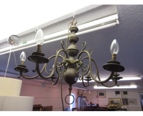 Large Dutch style brass six branch chandelier together with an oval brass tray and another circular brass tray