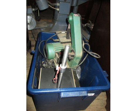 Small electric bench top belt sander, an electric grindstone, binocular viewer and sundries