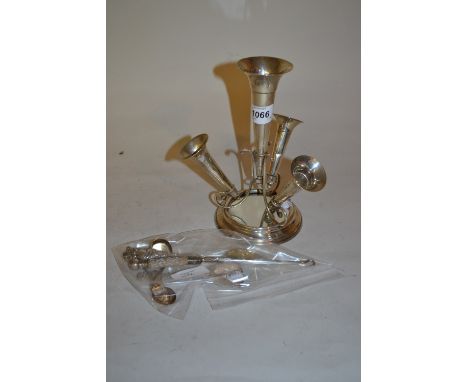 Birmingham silver four branch epergne, together with a Dutch silver caddy spoon, a button hook and three other plated spoons