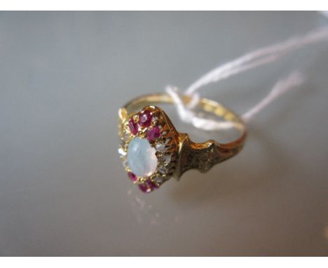 Victorian 18ct gold opal ruby and diamond cluster ring