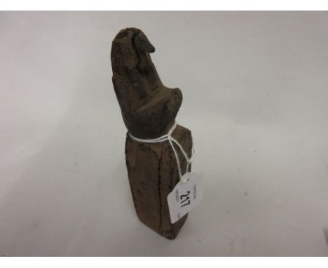 Ancient Egyptian wooden finial carved with an Egyptian god and hieroglyphs, 5.75ins high