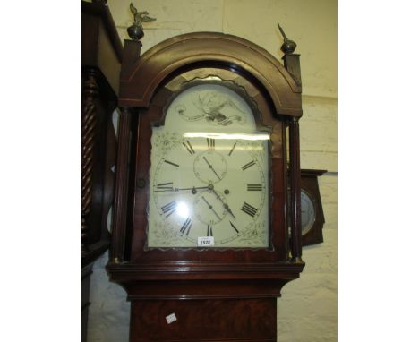 19th Century mahogany line inlaid longcase clock having painted arch top dial with Roman numerals, subsidiary seconds and dat