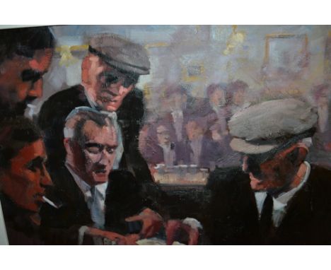 Irish school oil on canvas, pub interior with gentleman playing dominoes, 18ins x 24ins