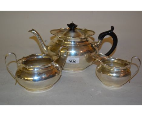 Sheffield silver three piece tea service with ebonised handles