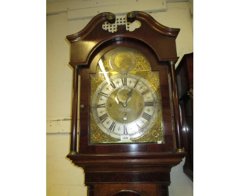 George III oak and mahogany crossbanded longcase clock, the broken arch hood with flanking pilasters above an arched door fla