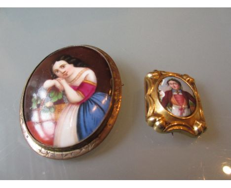 Small 19th Century rectangular gold brooch inset with an enamel portrait of a gentleman (a/f), together with a 19th Century o