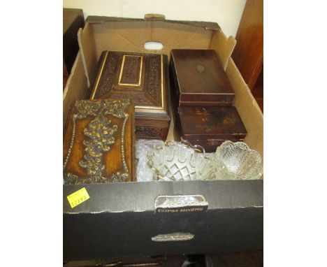 19th Century mahogany two division tea caddy (a/f), chinoiserie decorated tea caddy, work box with fitted interior and carved
