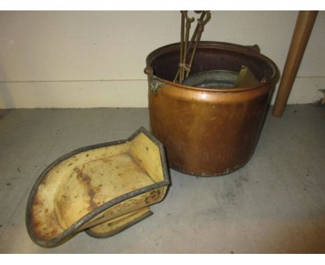 Circular copper log bin with iron swing handle, another smaller copper pot, painted toleware sweet measure, trivit, fire tool