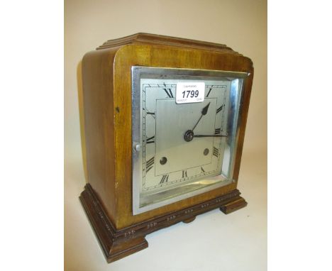 1930's Walnut two train mantel clock with silvered dial