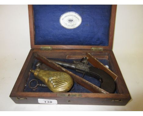 Flintlock pocket pistol by Dunderdale and Mabson, with a screw off barrel and white metal inlaid walnut grip, together with a