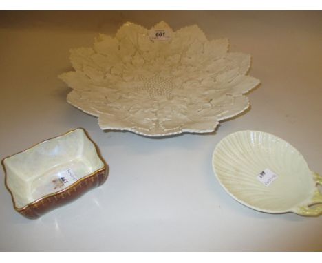 Carltonware Rouge Royale rectangular dish, Belleek shell form dish and a Meissen circular leaf form plate