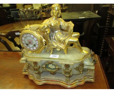 19th Century French gilded spelter and alabaster mantel clock with seated figure surmount (a/f)