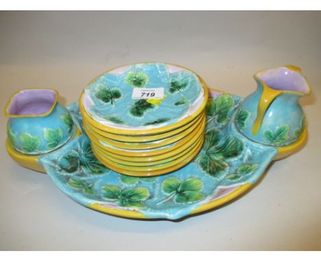 19th Century George Jones Majolica strawberry set, the oval dish with a jug and sugar basin, together with eight small plates